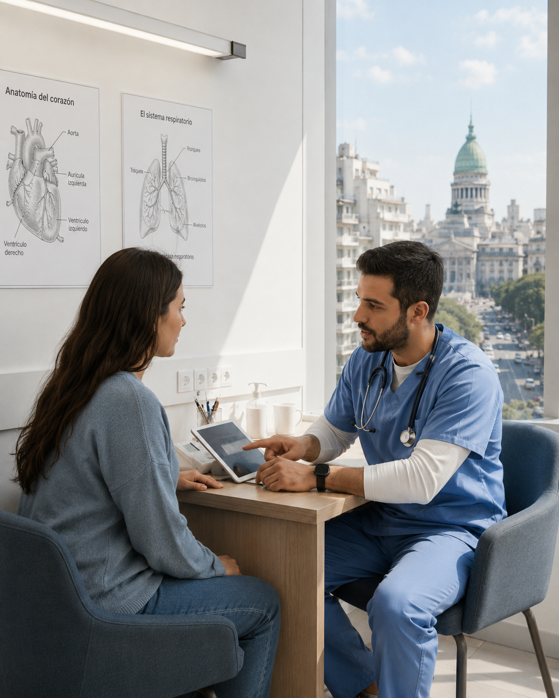 A physician speaking with a patient while a student observes attentively in the background. Warm, human, real consultation room in Buenos Aires.