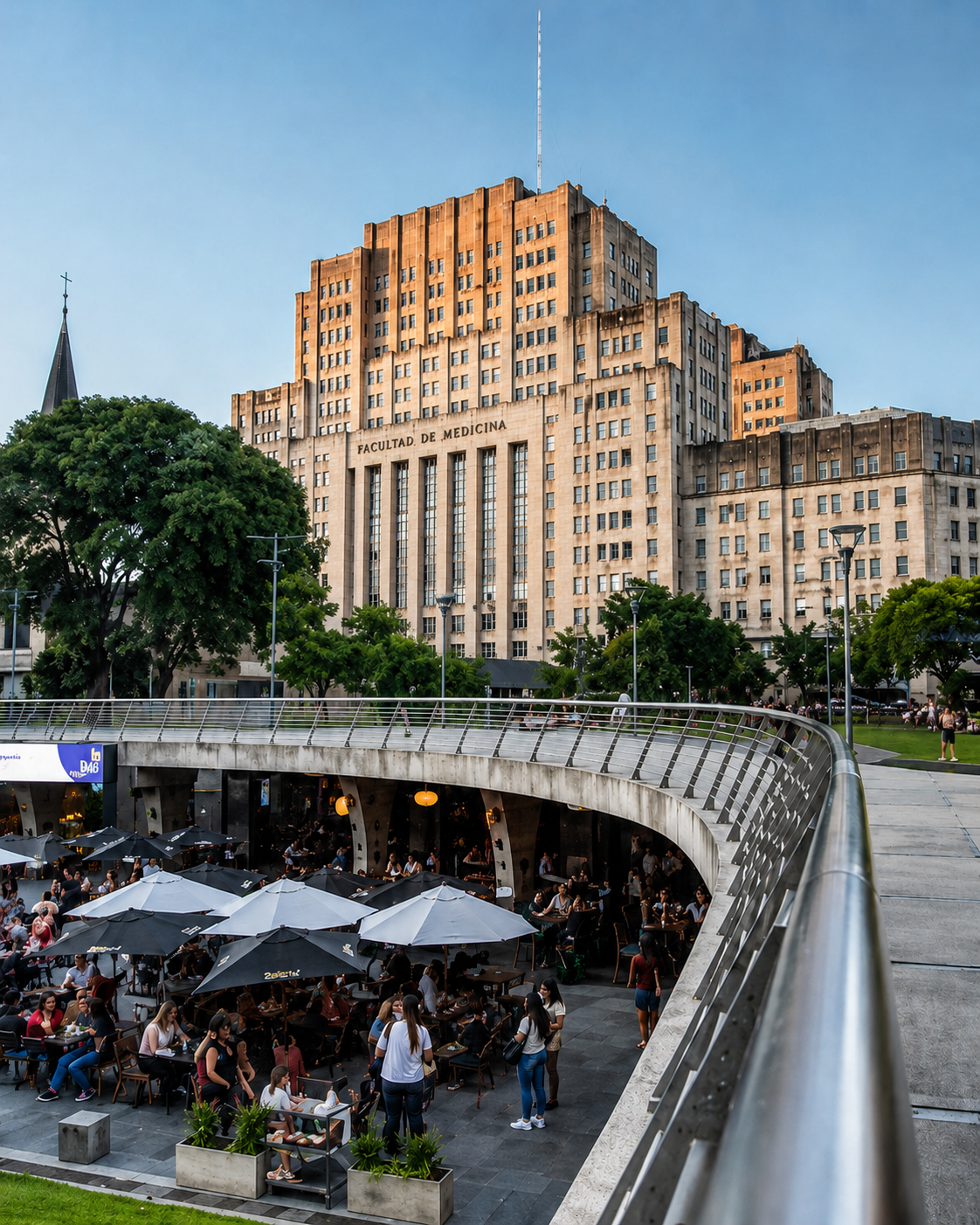 Iconic Buenos Aires cityscape blending grand academic architecture with everyday street life